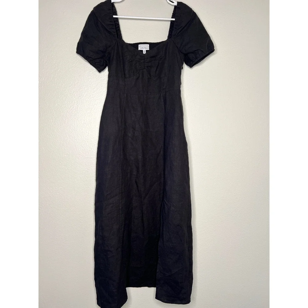 & Other Stories Black Linen Blend Puff Sleeve Midi Dress with Slit Size 4 - Picture 3 of 9